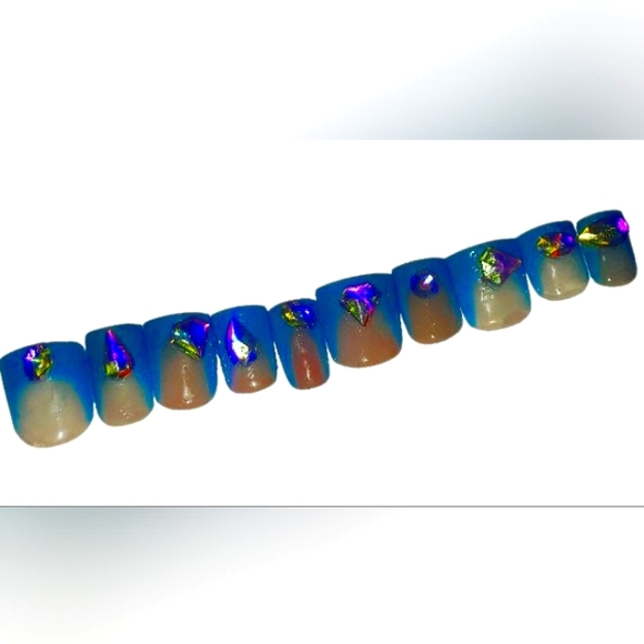 Blue French Press on Nails with Rinestones Top Coat - Picture 2 of 3